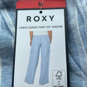 Roxy Blue and White Linen Cargo Pants Wide Leg M NWT